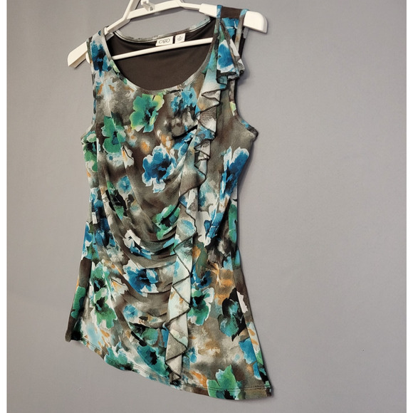 Cato Tank Top Blouse Womens Medium Blue Brown Lined Floral Ruffle Sleeveless - Picture 2 of 11